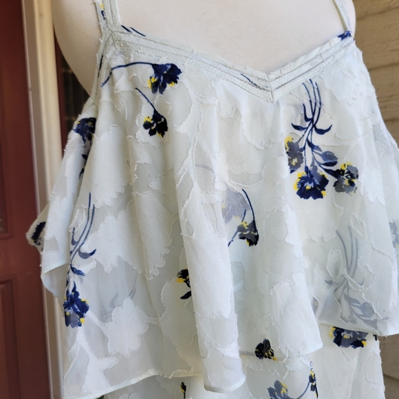 COPY - Lucky Brand Mint Floral Chiffon Cold Shoulder Tiered Top - Picture 4 of 6